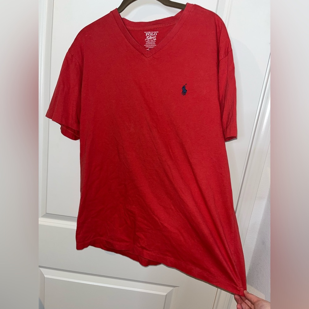 Polo Ralph Lauren Shirt Men Large Red V Neck Casual Summer Short Sleeve Preppy L